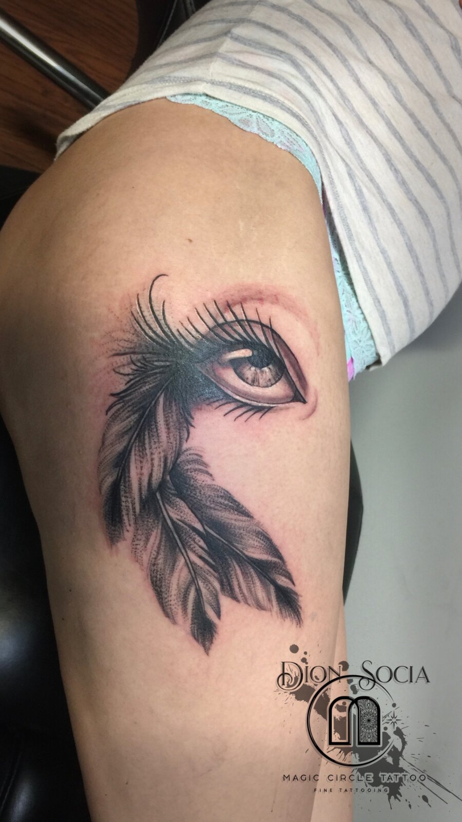 Eye and Feathers Design by Dion Socia - Professional Black and Gray Tattoo - Magic Circle Tattoo Bay City Michigan