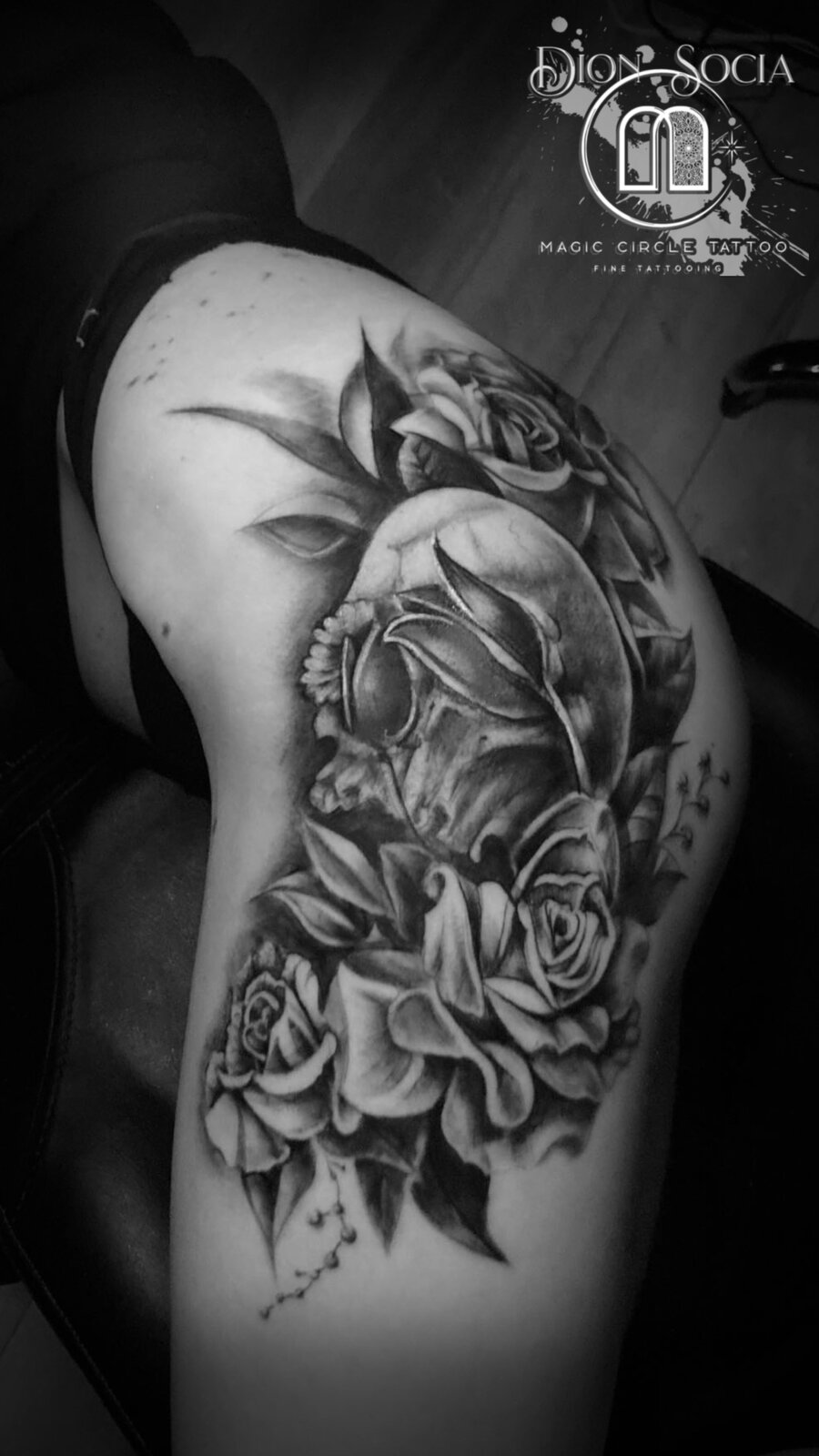 Skull and Flowers - Black & Gray Tattoo by Dion Socia - Magic Circle Tattoo Bay City Michigan