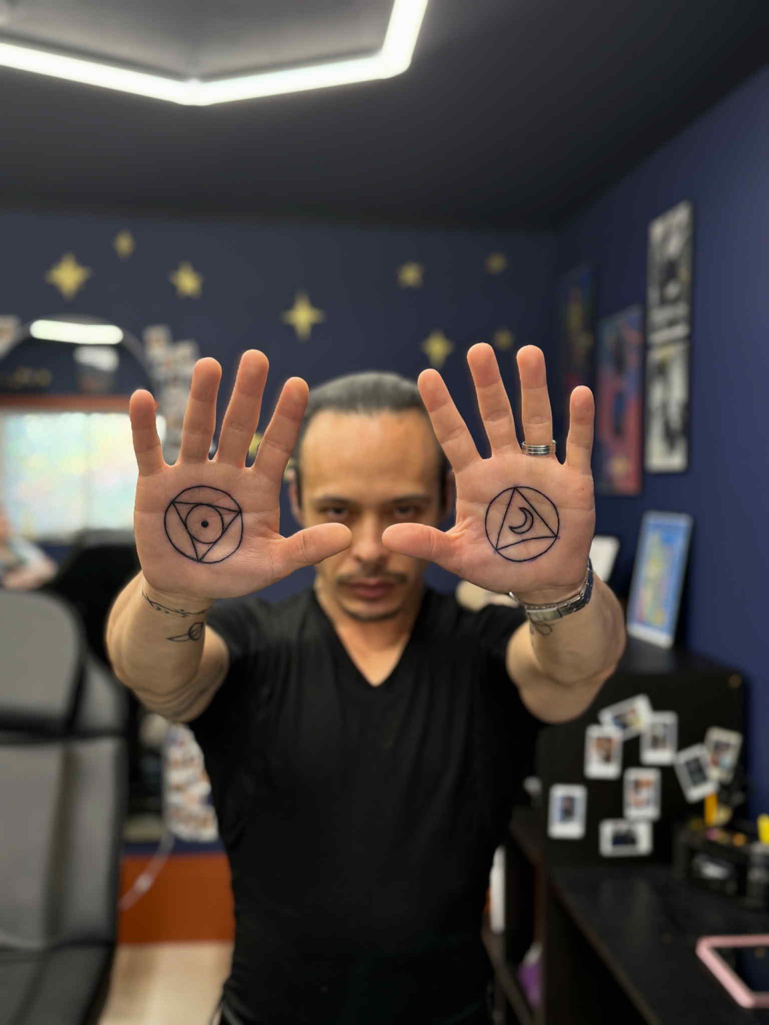 Sacred Geometry Symbols on Both Palms by Sabrina Giallombardo - Professional Black and Gray Tattoo - Magic Circle Tattoo Bay City Michigan
