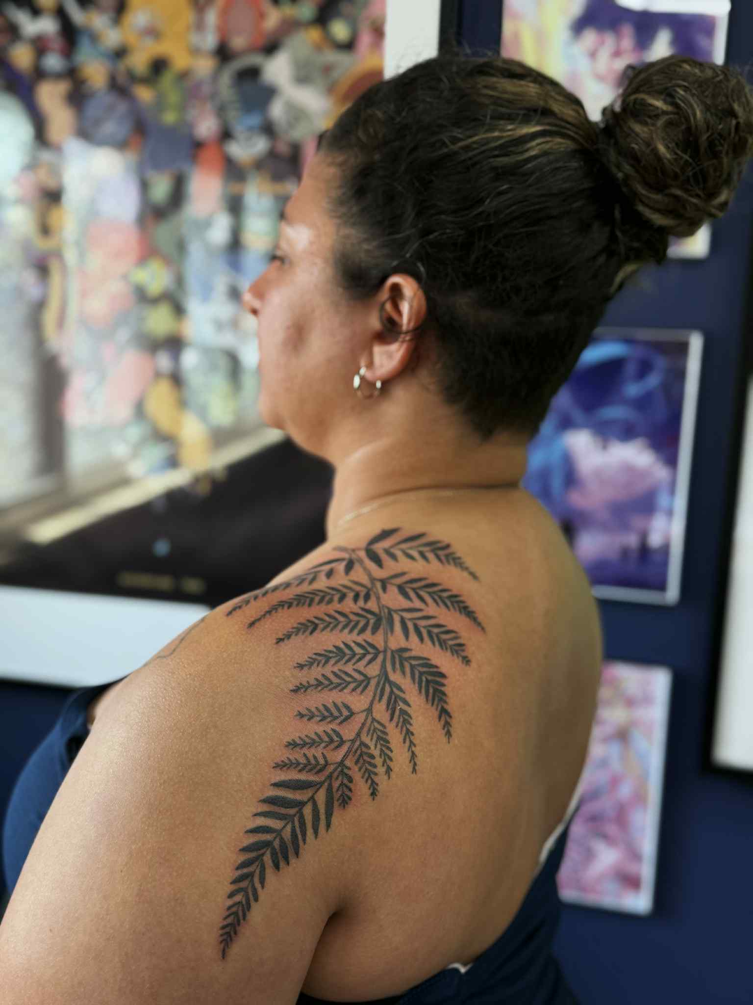 Black Work Ferns on Shoulder by Sabrina Giallombardo - Professional Black and Gray Tattoo - Magic Circle Tattoo Bay City Michigan